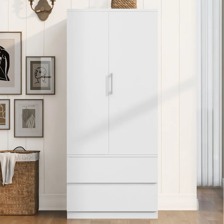 Kleiderschrank 70 x 50 x 175 cm in Weiß und Holzfarbe mit Kleiderstange und Schubladen – Bild 3