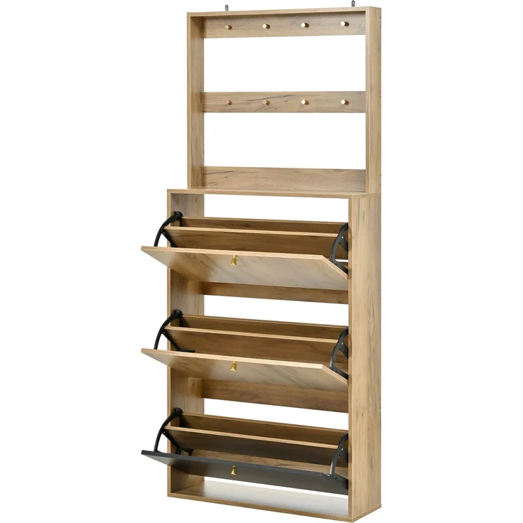 ZUBALIYA Schuhschrank (75 x 24 x 180 cm), Haken zur Aufbewahrung, Aus Spanplatte, Stauraum für Flur und Eingangsbereich, Schwarz / Naturfarben – Bild 20