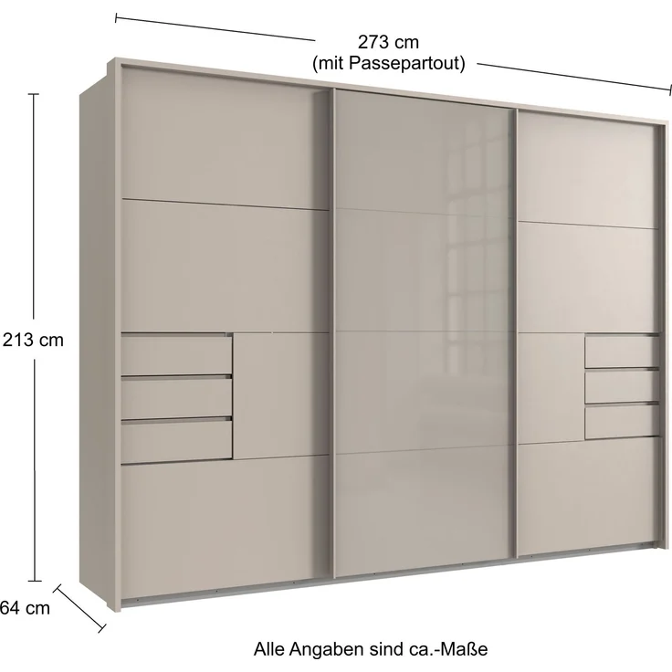 Schwebetürenschrank Kleiderschrank 3-trg 273cm Beige Grau Glasfront Passepartout – Bild 9