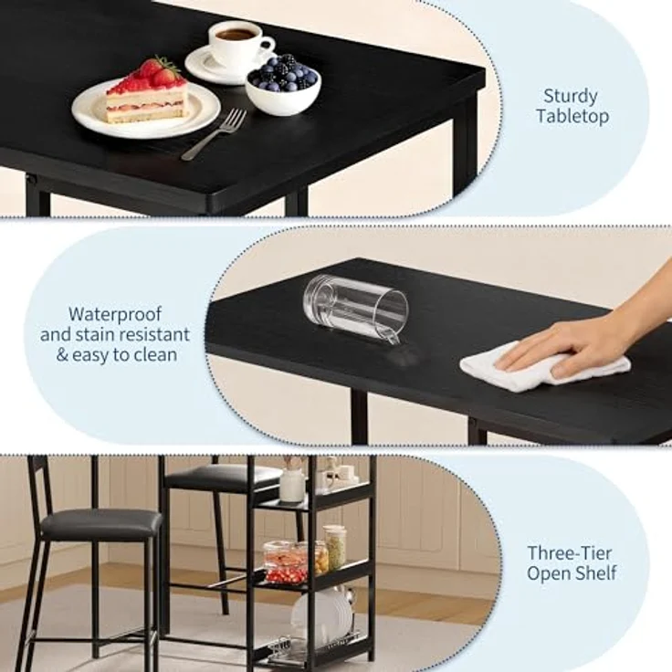 GarveeHome 3-Teiliges Esszimmer-Set Mit 2 Stühlen Und 1 Tisch, Platzsparender Esstisch Mit 3 Offenen Ablageflächen, Hoher Esszimmerstuhl Mit PU-Leder Sitzkissen, Für Esszimmer Und Wohnzimmer – Bild 5