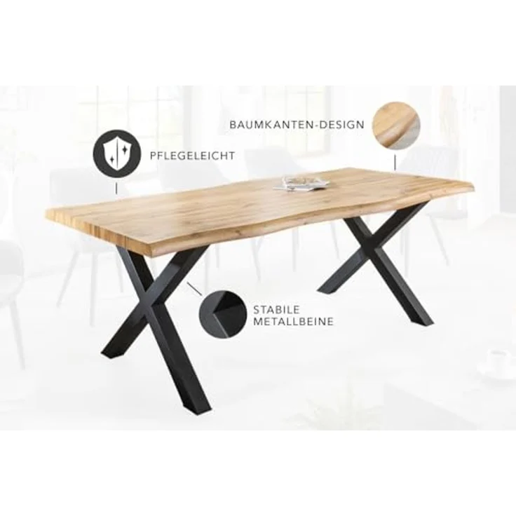 Wildeiche-Design Esstisch OAKLAND 160cm X-Metallgestell 5cm Baumkante – Bild 4