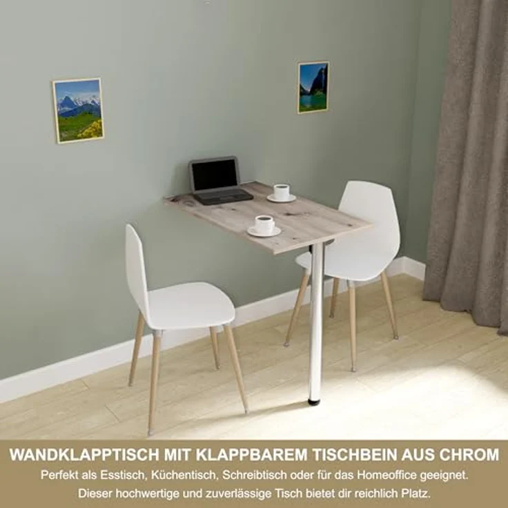 KDR Produktgestaltung Wandklapptisch Schreibtisch Tischplatte 80x50 cm in Eiche astig Klapptisch Esstisch Küchentisch für die Wand Höhe Tisch 74 cm zur Wandmontage mit Tischbein klappbar – Bild 4