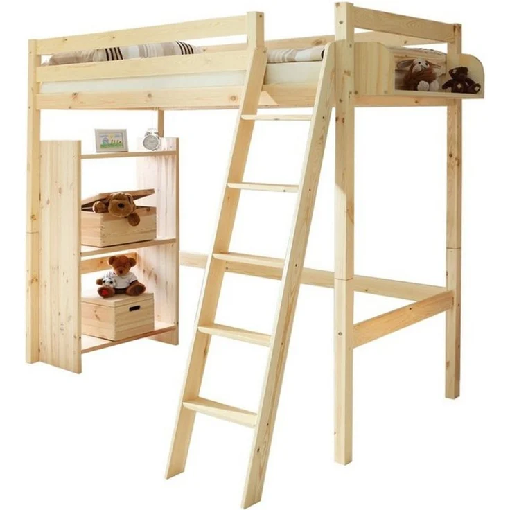Ticaa Hochbett Hochbett Hochschläfer "Matthias" Kiefer Natur Massives Qualitätsholz, Schrägleiter beidseitig montierbar – Bild 1