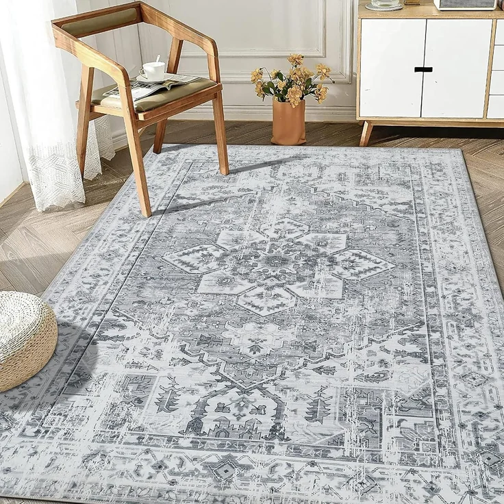 Boho Teppich 120x170 cm Waschbar Vintage Design Grau Weich Rutschfest – Bild 1