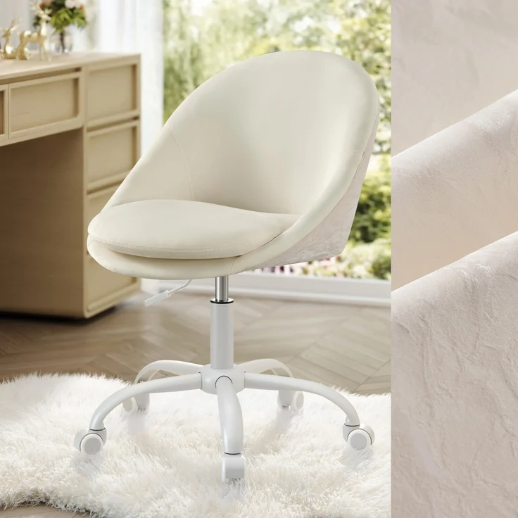 SONGMICS Homeoffice-Stuhl, Schminkstuhl mit Samt-Vorderseite, Schreibtischstuhl, Schaumstoffpolsterung, höhenverstellbar, für Arbeitszimmer, Schlafzimmer, cremeweiß OBG020WD01 – Bild 1