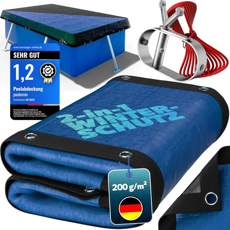 poolomio Poolabdeckung rechteckig 1000x500 cm, Winterabdeckung Pool | Abdeckplane für Pool 10 x 5 m – 200 g/m² robustes, UV-resistentes PE – Stahlseil & Ratsche – Echtmaß: 1060 x 560 cm