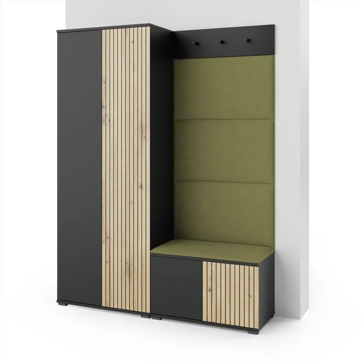 Garderoben-Set Rosario Version 1 mit Lamellen, Kleiderschrank mit Polsterplatten und Schuhschrank (Schwarz / Eiche Artisan, Trinity 27), 185 x 40 x 140 cm