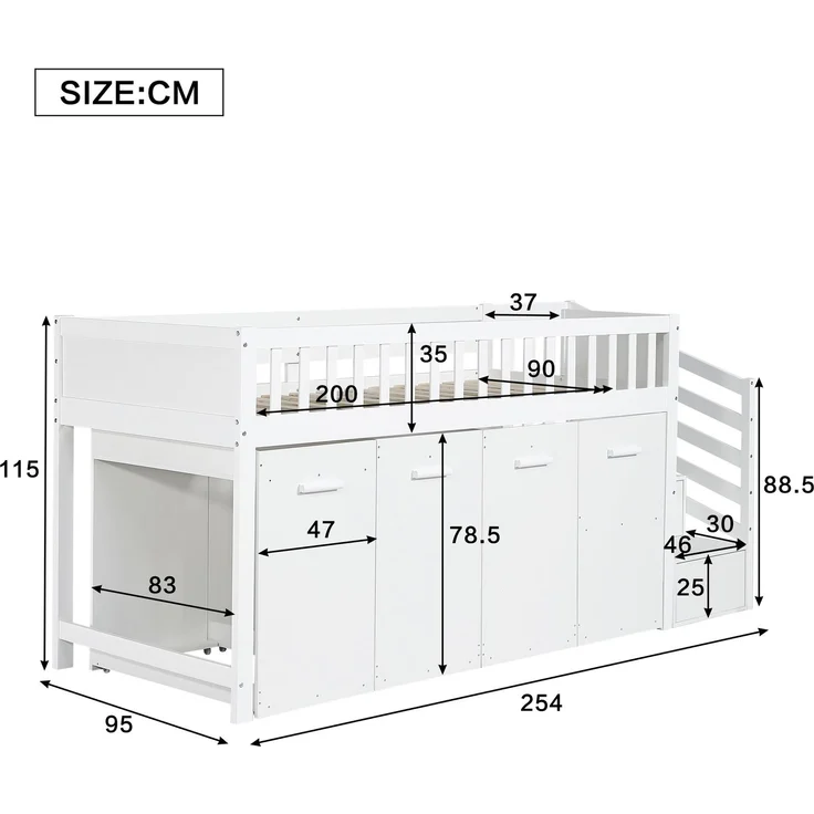 Abrihome Kinderbett Etagenbett 90x200 cm mit Fallschutz und Stauraum, Weiß – Bild 8