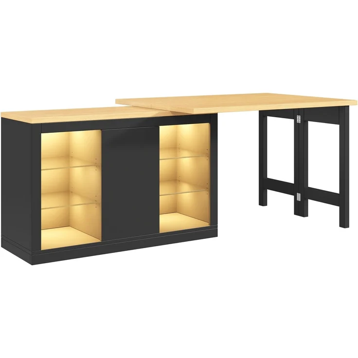 Merax Ausziehbarer Kücheninsel-Esstisch mit App-steuerbarer RGB-LED, 120-197cm, 360° drehbar, mit magnetischen Türen & Glas-Einlegeböden, Schwarz, belastbar bis 60kg – Bild 8
