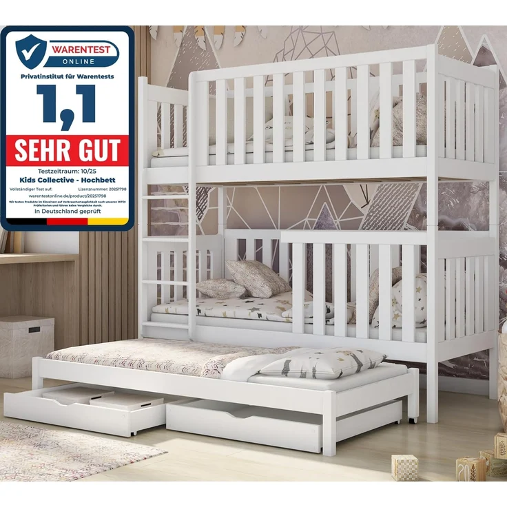 Kids Collective Etagenbett Kinderbett Hochbett 80x180, 90x200 cm mit Ausziehbett Lattenrost, Ausziehfunktion, 2 Schubladen, extra hoher Rausfallschutz, 200x90 cm – Bild 2