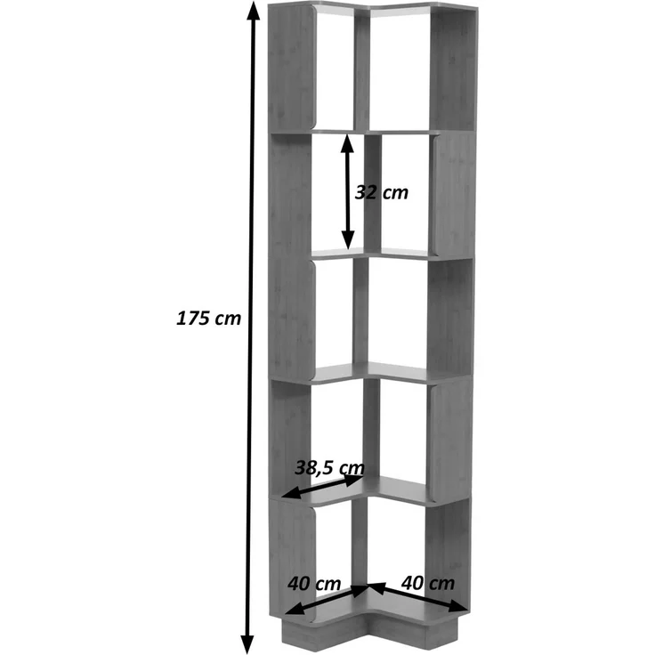 Eck-Bücherregal HWC-P53, Eckregal Standregal Wohnregal, 5 Ebenen MDF Melamin 175x40x40cm ~ Bambus-Optik – Bild 3