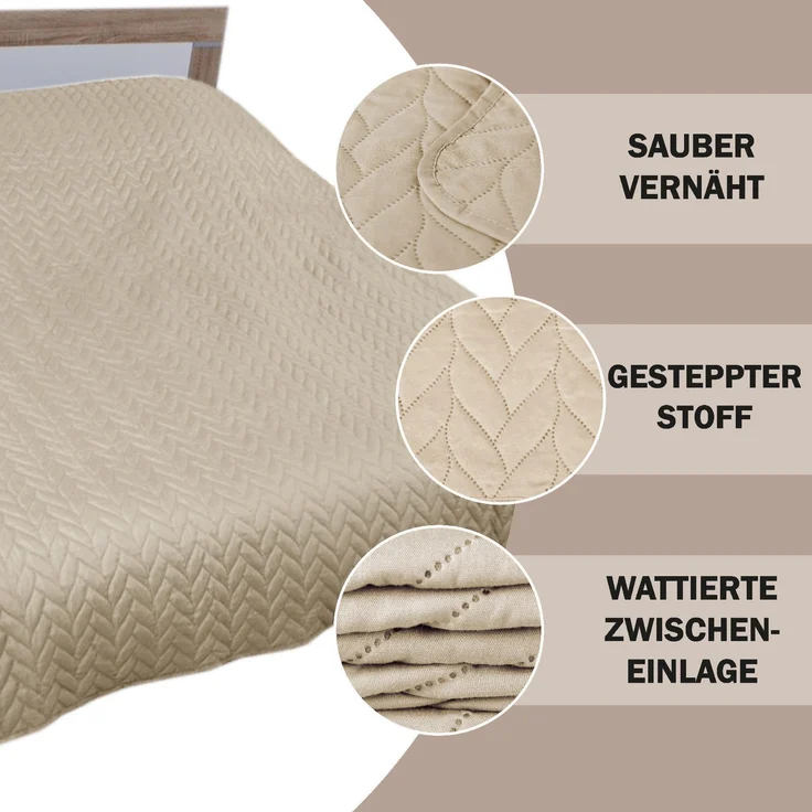 Tagesdecke XXL (220x240 cm) mit wattierter Zwischenlage (Beige) Bettüberwurf - ÖKO-Tex 100, Sommerdecke gesteppt - Steppdecke, Wendedecke – Bild 4
