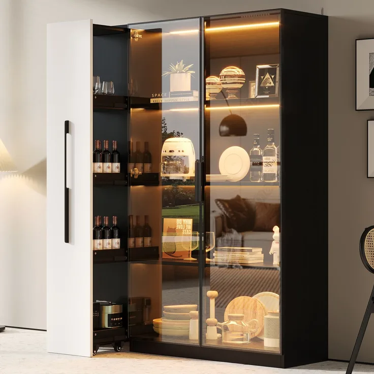 Flieks LED Vitrinenschrank 110.5×35×160 cm, Multifunktionsschrank mit Glasvitrine, Bücherregal & Aufbewahrungsschrank, Rollschrank schwarz & weiß