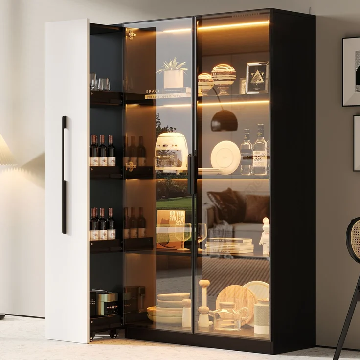 Flieks LED Vitrinenschrank 110.5×35×160 cm, Multifunktionsschrank mit Glasvitrine, Bücherregal & Aufbewahrungsschrank, Rollschrank schwarz & weiß – Bild 1