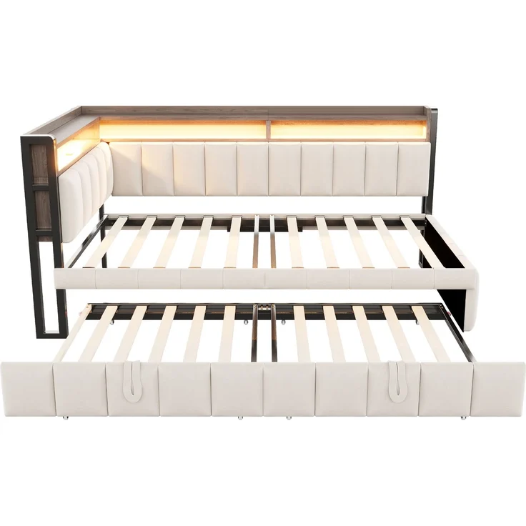Merax Einzelbett, 90x200cm Polsterbett, Schlafsofa, mit Ausziehbett, LED-Beleuchtung und Ablagefächern am Kopf- und Fußende, Ausgestattet mit USB- und Typ-C-Anschlüssen, Samtstoff Beige – Bild 9