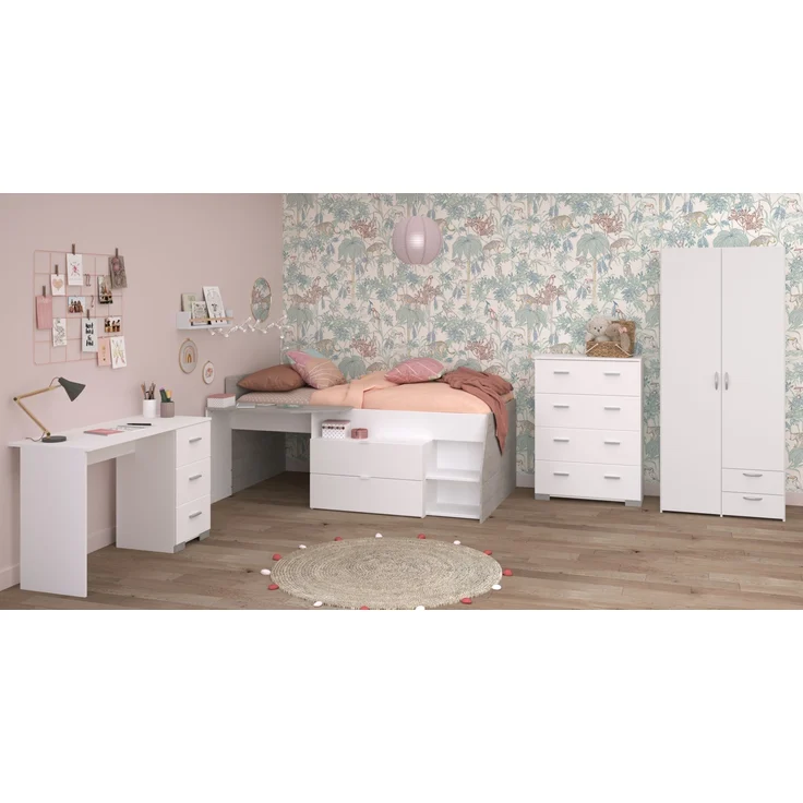 Jugendzimmer-Set >Milky 11< 4-teilig, Bett, Kleiderschrank, Kommode, Schreibtisch, in Weiss / Grey – Bild 4