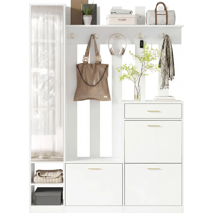 Garderoben-Set 133x23,5x180 cm mit Spiegel, 3 Schuhkippern und Schublade – Weiß – Bild 7