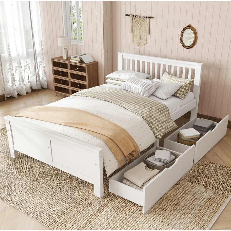CHICFURN Doppelbett aus Kiefernholz und MDF Weiß 140x200 cm mit 2 Schubladen – Bild 3