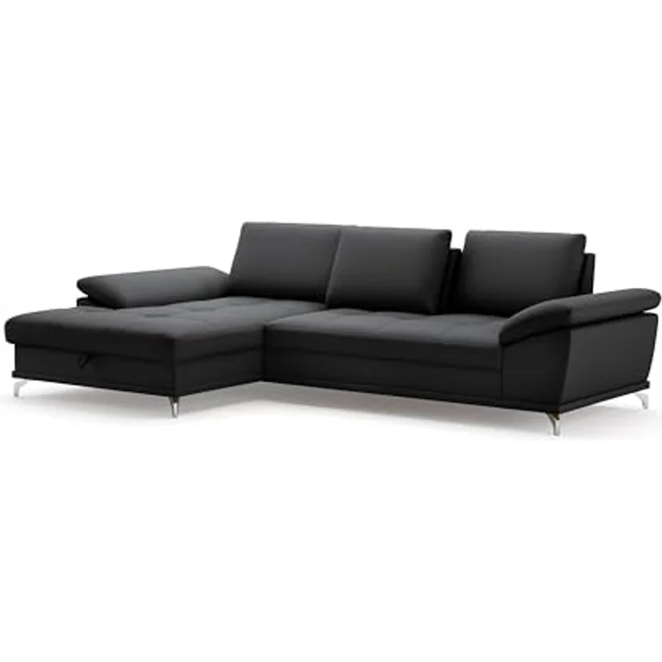 Cavadore Eckcouch Castiel mit Federkern / Ecksofa mit großem Longchair, Sitztiefenverstellung und mattschwarzen Metallfüßen / 301 x 89 x 176 / Echtleder, Schwarz – Bild 4