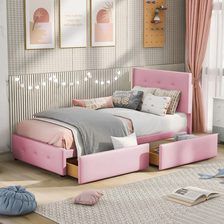 Merax Polsterbett 90 x 200 cm Bett mit Lattenrost, Rückenlehne und zwei Schubladen, hautfreundlicher Samtstoff Beige flaches Gästebett (Rosa) – Bild 1