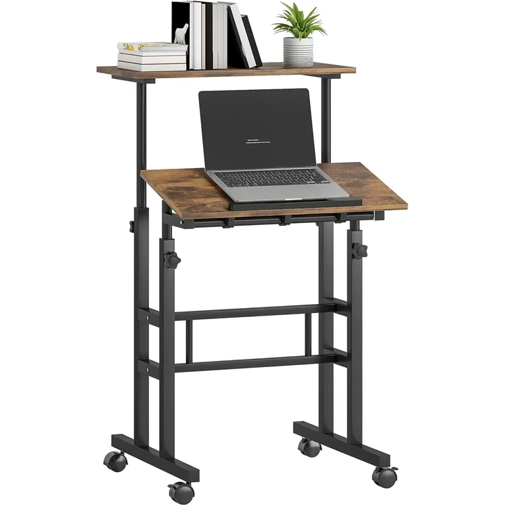 HOMCOM Schreibtisch 2-stufige Arbeitsfläche (Laptoptisch, 1-St, Arbeitstisch), Höhenverstellbar, Rustikal-Braun