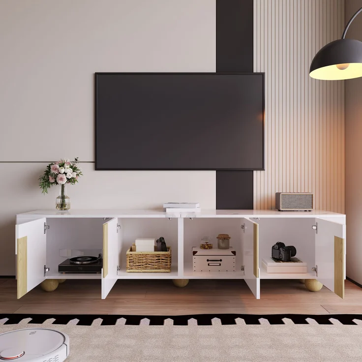 TV-Schrank 180 cm Weiß Holzoptik mit Marmoroberfläche, 4-türig, Massivholzfüße, modernes Sideboard fürs Wohnzimmer – Bild 4