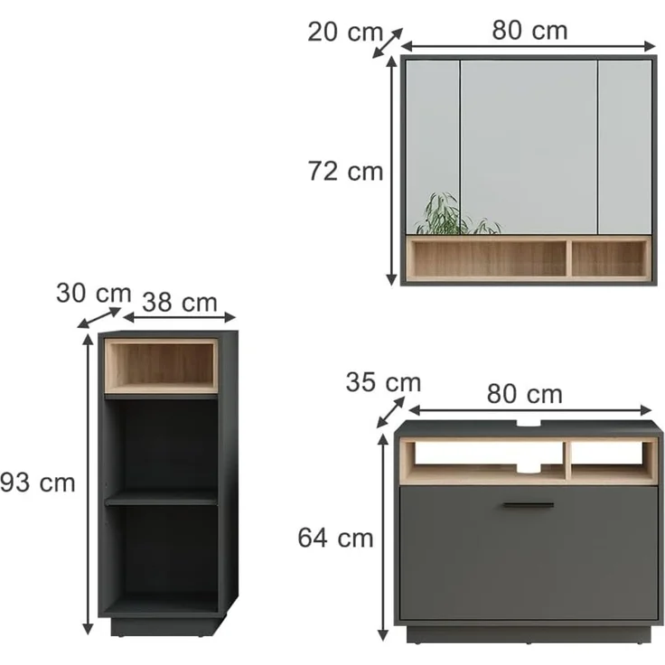 Badmöbel-Set Beatrice Anthrazit/Sonoma 3 Teile mit Midischrank Vicco – Bild 2