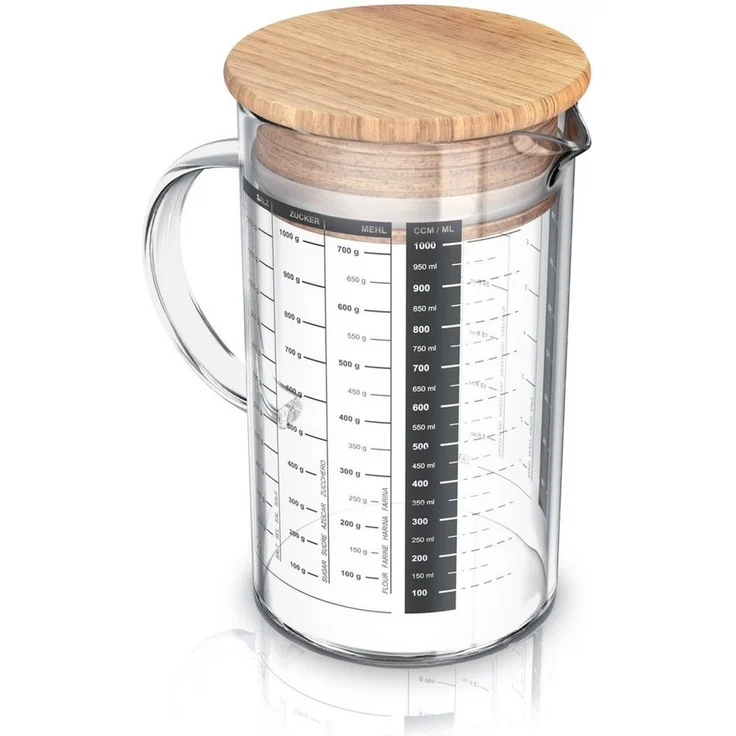 Arendo Messbecher Glasbehälter 1000 ml luftdicht, Küchenbehälter mit Bambusdeckel, Glas, Silikondichtung, für Mehl Zucker Gewürze Flüssigkeiten Süßigkeiten