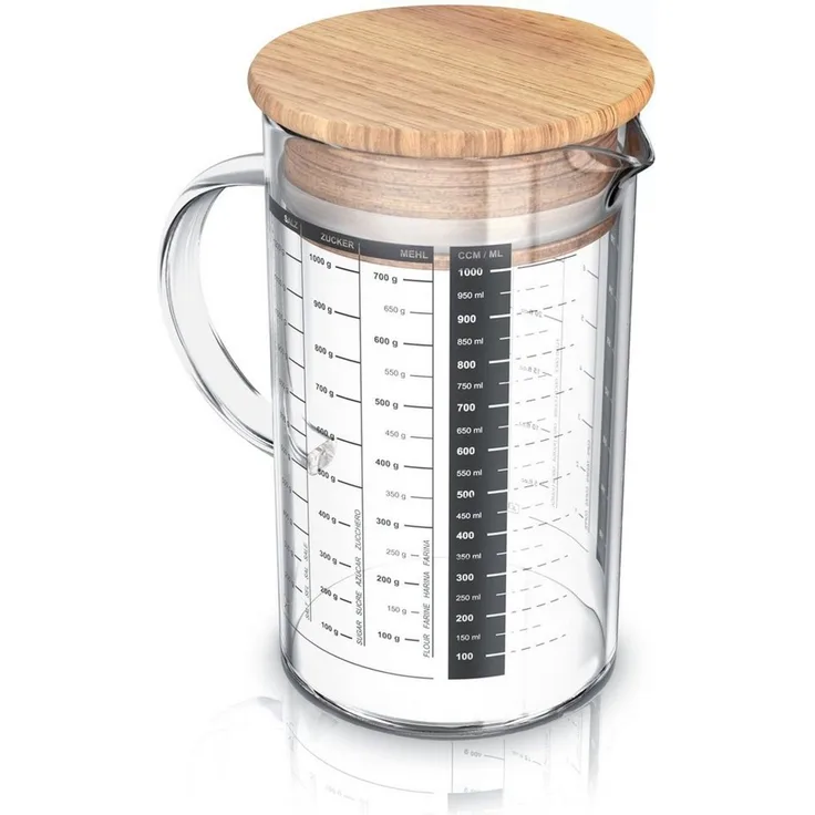 Arendo Messbecher Glasbehälter 1000 ml luftdicht, Küchenbehälter mit Bambusdeckel, Glas, Silikondichtung, für Mehl Zucker Gewürze Flüssigkeiten Süßigkeiten