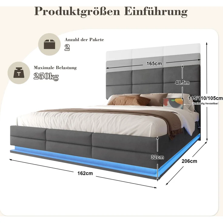 TavilaEcon Boxspringbett Modernes Polsterbett mit höhenverstellbarem Kopfteil & LED-Beleuchtung grau Liegefläche 160 × 200 cm – Bild 2