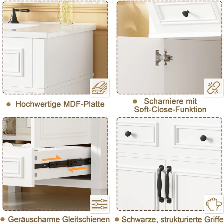77 x 46 x 86 cm, freistehender Waschtisch, komplett lackiert, integriertes Keramikwaschbecken, 9 Ablagefächer, Doppeltürschrank mit Soft-Close-Scharnieren, weiß. – Bild 9