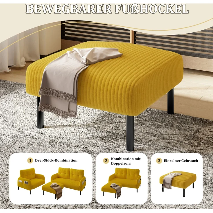 Fußhocker aus Cord mit Polsterung und Metallgestell, 56x51x39 cm, Gelb – Bild 8