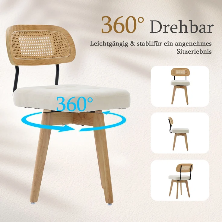 LVHOM 2er-Set Esszimmerstühle 360° Drehstuhl, Polsterstuhl in Rattan-Optik mit Chenille Kissen, stabiler Küchenstuhl mit Metallbeinen, Beige – Bild 4