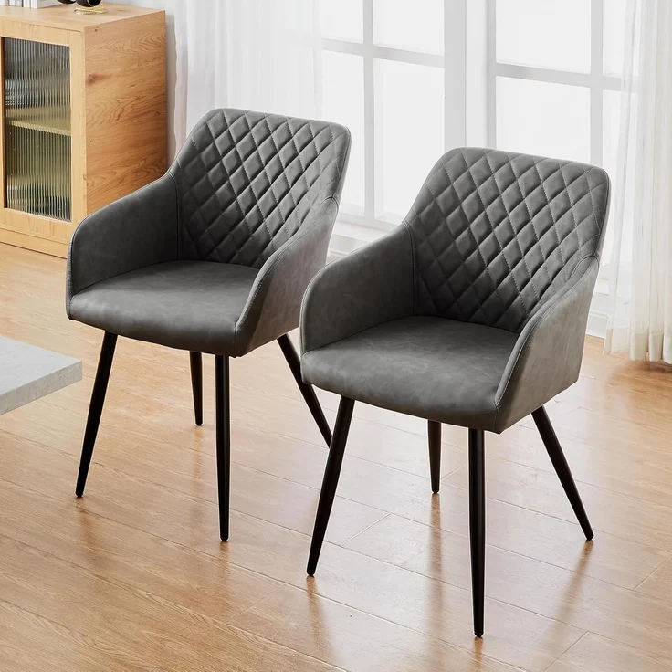TUKAILAI Esszimmerstühle 2er Set aus Kunstleder, Modern Küchenstuhl Polsterstuhl Wohnzimmerstuhl Sessel mit Armlehnen Rückenlehne Metallbeinen, für Küche Esszimmer Wohnzimmer Lounge,Hellgrau – Bild 2