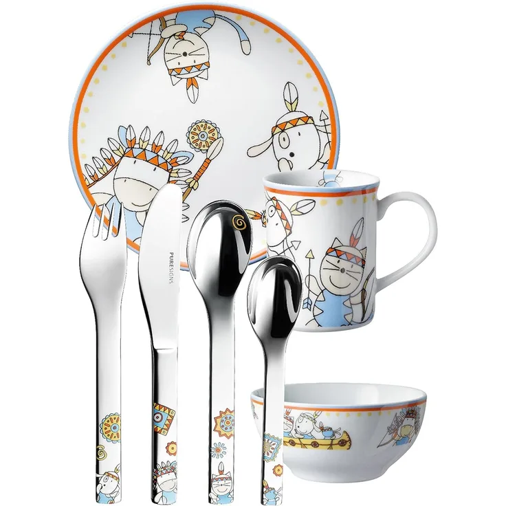 PURESIGNS Kindergeschirr-Set MOEMA (7-tlg), 1 Personen, Edelstahl 18/10, Porzellan, Plastikfreier Essgenuss für die Kleinen