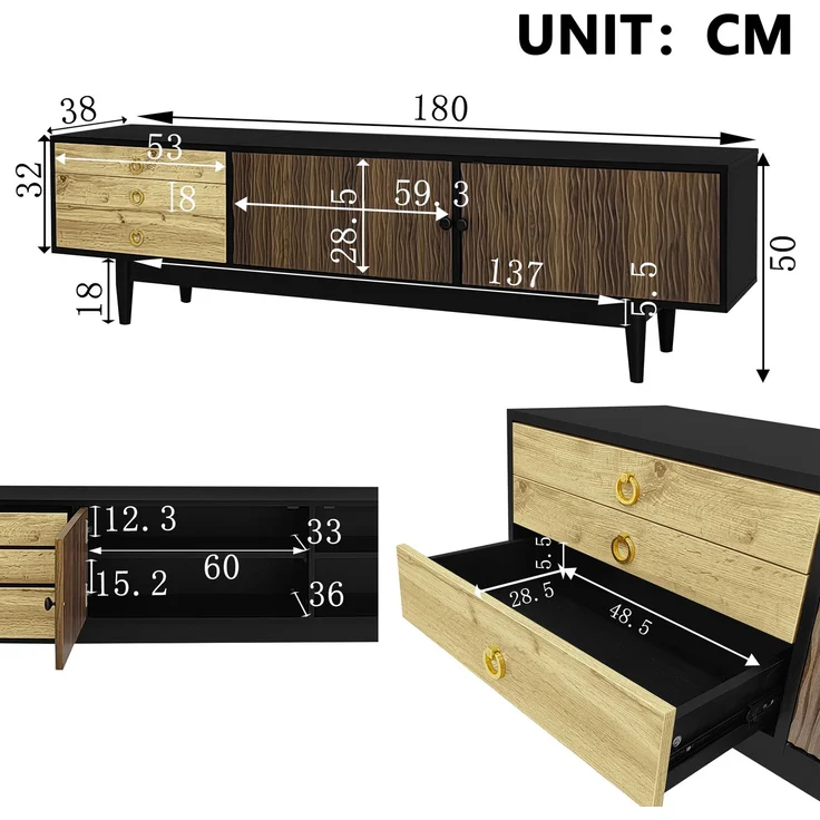 TV-Schrank 180 x 50 x 38 cm Schwarz Holz,Lowboard mit 2 Türen, 3 Schubladen, Wellenmuster, Massivholzbeinen – Bild 9