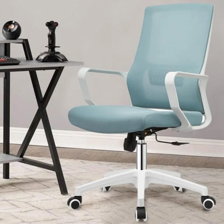 Shally Dogan Ergonomischer Drehstuhl mit Lendenwirbelstütze, Schreibtischstuhl, Arbeitszimmerstuhl, höhenverstellbar, stabile weiße Basis, schweißfeste Rückenlehne (blau) – Bild 3