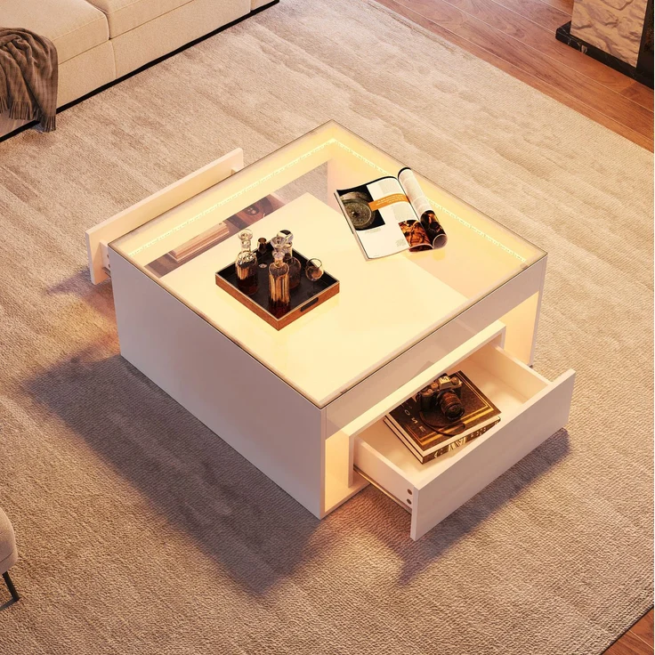 Couchtisch 70x70x35 cm in Weiß mit LED, Schubladen und Glasplatte – Bild 3