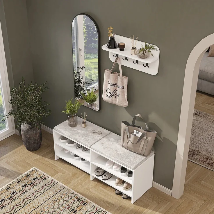 Roomart LENA Garderobenset 3-teilig – Sitzbank 120 cm, Wandgarderobe & Bogenspiegel – Flurgarderobe – H 50 x B 120 x T 37 cm (Sitzbank) • Weiß – Bild 4
