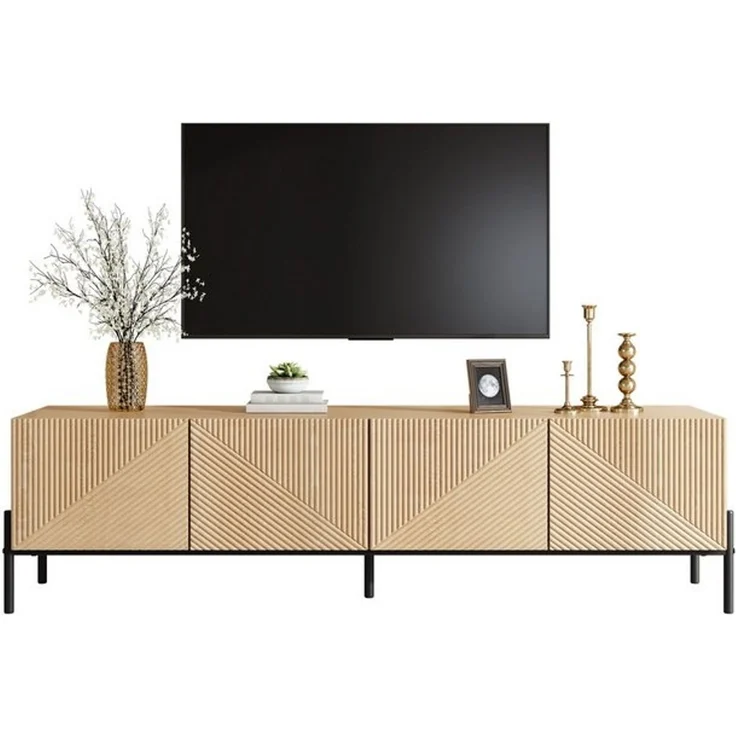 BlingBin Lowboard TV-Schrank Fernsehschrank TV-Ständer (1 St, mit 4 Türen Aufbewahrung, Geometrisches Design, 3D-Textur), 163,5 L x 40 B x 45H(cm), Natur – Bild 4