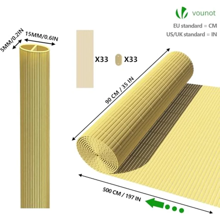 VOUNOT PVC Sichtschutzmatte 90x500 cm Verstärkung Innen, Sichtschutz für Garten Balkon Terrasse Zaun, Sichtschutzzaun Balkonverkleidung Windschutz, Bambus – Bild 6