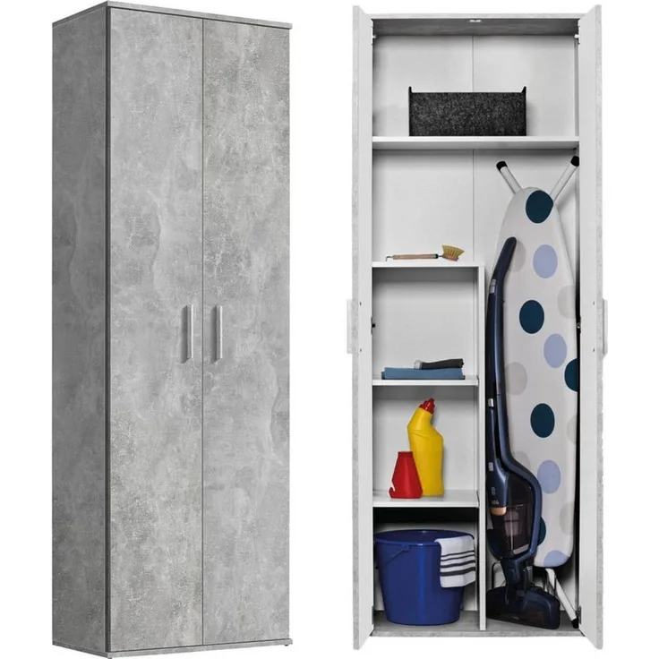 mokebo® Besenschrank 60cm Breite mit Staubsaugerfach 'Der Lange' moderner Mehrzweckschrank in Grau aus Holz, Schrank & Putzschrank | 60 x 180 x 34 (B/H/T in cm) | Betonoptik