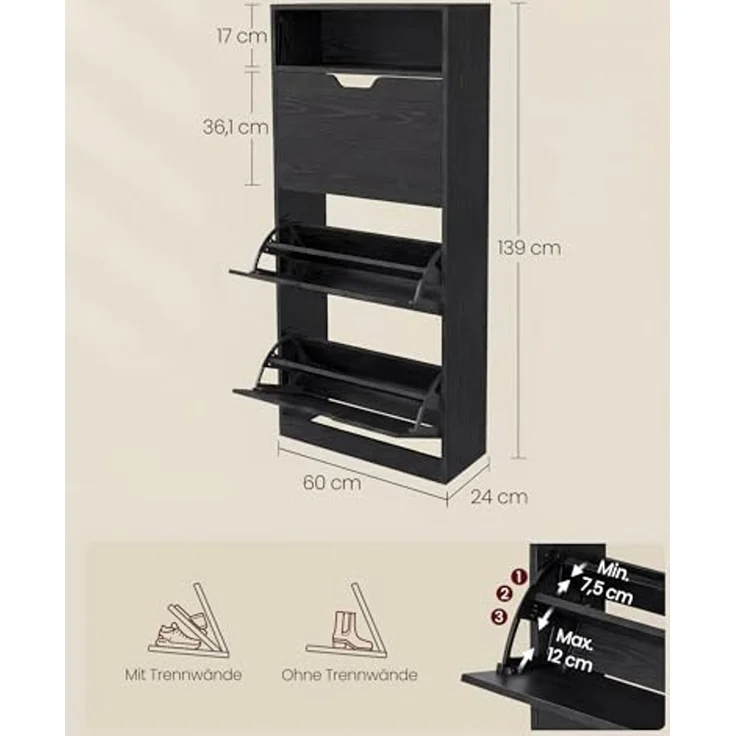 Vasagle Schuhschrank 3 Klappen, Schuhkipper, Schuhregal, Schuhaufbewahrung, offenes Fach, Trennwand verstellbar, für 14-18 Paar Schuhe, Flur, 24 x 60 x 139 cm, ebenholzschwarz LBCDE046B03 – Bild 3