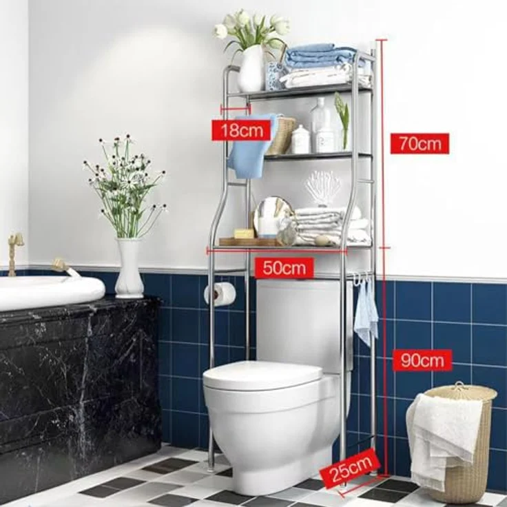 GarveeLife Toilettenregal, 3-stufiges Multifunktionsregal für das Bad, Regal Über der Toilette mit Aufbewahrungskörben, Platzsparendes WC-Regal, Leicht zu Montieren, 50 x 25 x 160 cm, Silber – Bild 2