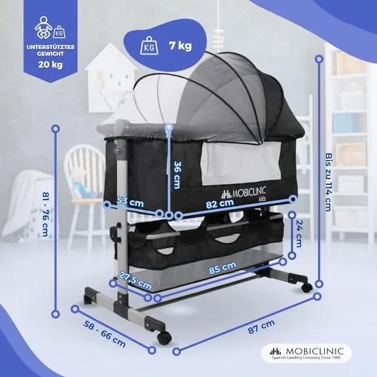 Mobiclinic®, 3-in-1-Babybett, Night, Beistellbett, Höhenverstellbar, Matratze, Moskitonetz, 360°-Rollen, Gurte, Aufbewahrungskorb, Bis 20 kg, Schwarz – Bild 2