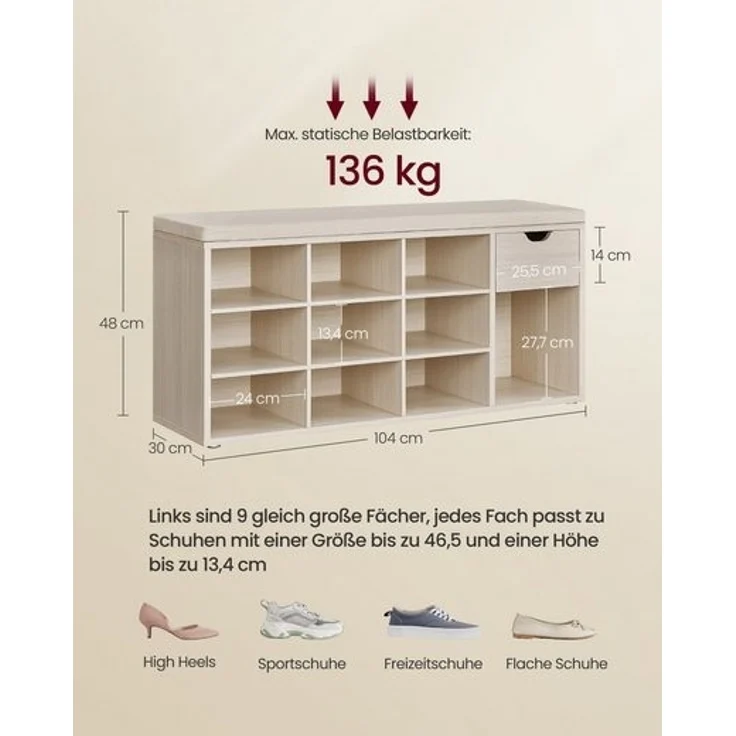 Vasagle Schuhbank, Schuhregal mit Schublade und offenen Fächern, Sitzbank, gepolsterter Sitz, Flur, Schlafzimmer und Eingangsbereich, 30 x 104 x 48 cm, naturbeige-cappuccinobeige LHSDE024K03 – Bild 5