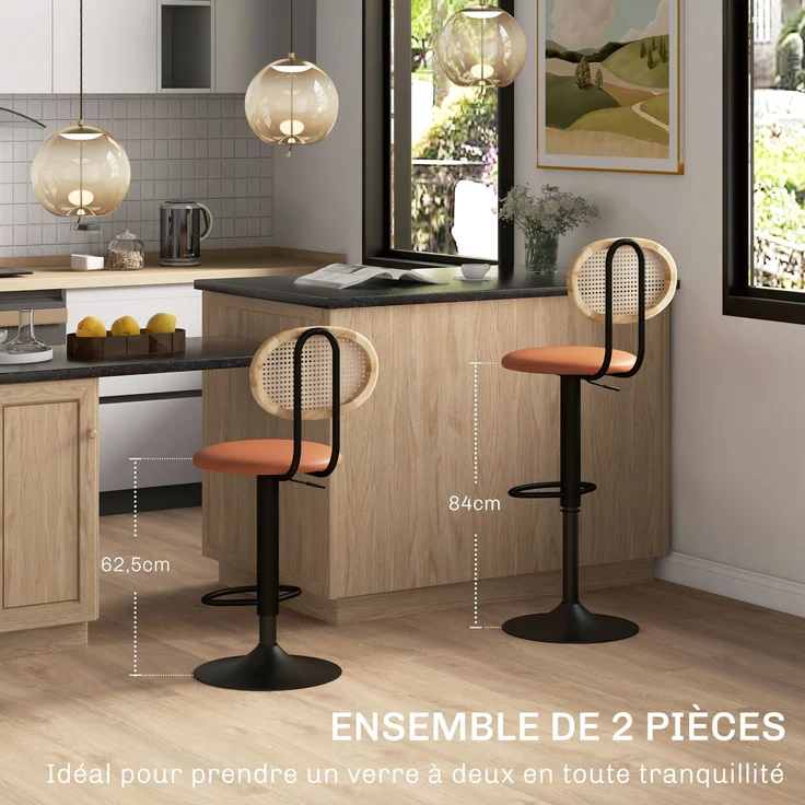 2er-Set Barhocker, höhenverstellbare Barstühle mit Rattan-Rückenlehne und Fußstütze, braun – Bild 6