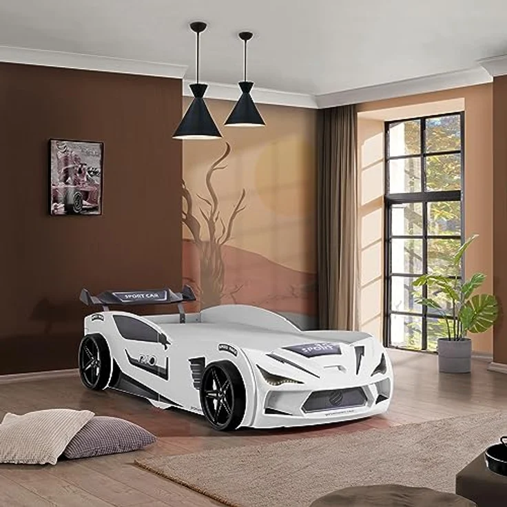 Aileenstore Autobett Rio, Kinderbett 90 x 200 cm, inkl. Lattenrost, Heckspoiler LED-Beleuchtung – Bild 3