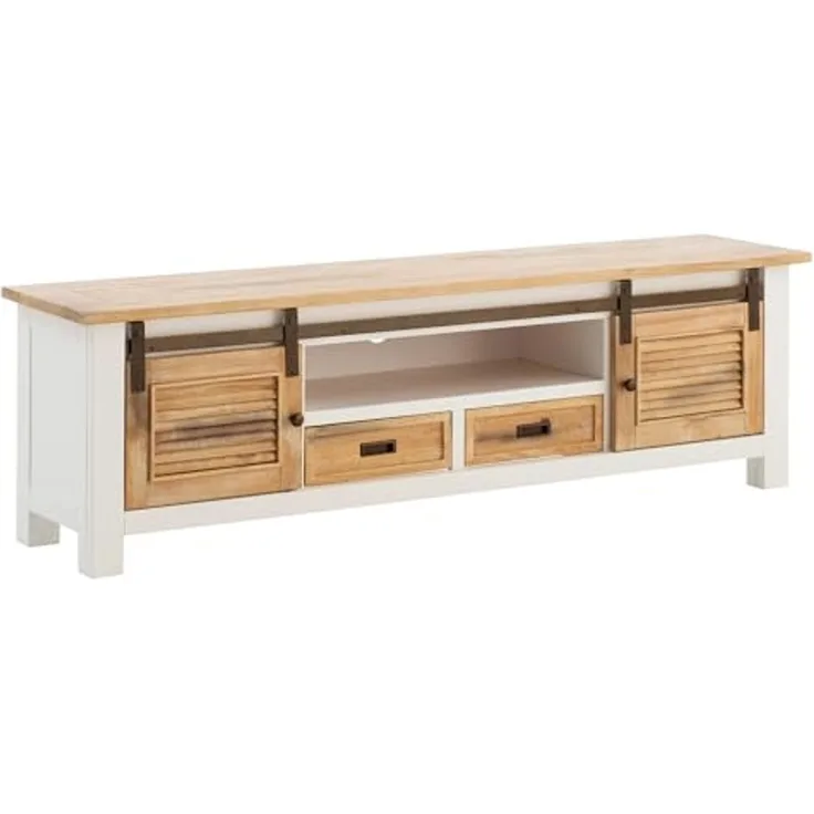 Rustikales TV-Lowboard Capera aus Massivholz Pinie 180 cm weiß braun mit Schiebetüren und Schubkästen - massivum