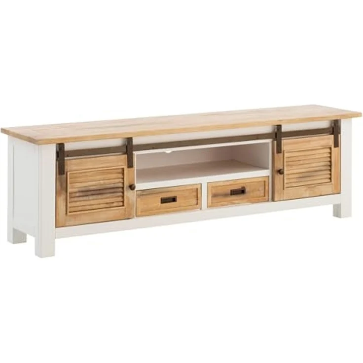 Rustikales TV-Lowboard Capera aus Massivholz Pinie 180 cm weiß braun mit Schiebetüren und Schubkästen - massivum – Bild 1
